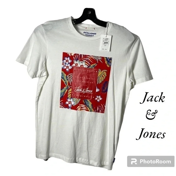 Jack&Jones graphic white cotton short sleeve t  shirt , red square vacay print - Picture 1 of 9
